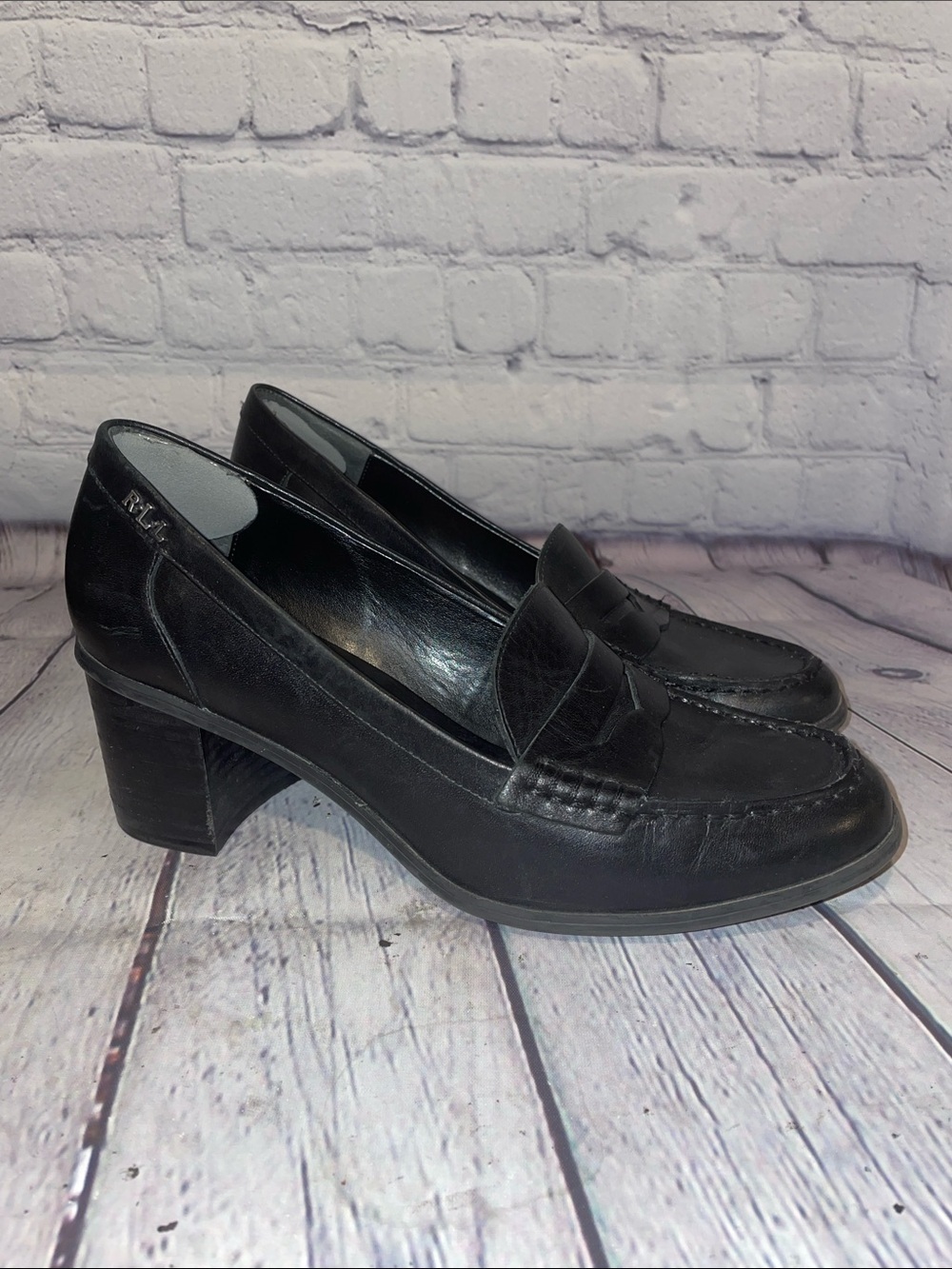 Lauren Ralph Lauren Darla Black Leather Heeled Penny Loafers โข Sz 8